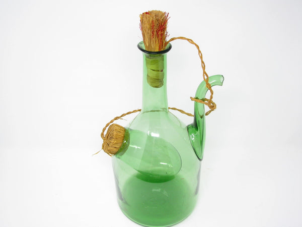 edgebrookhouse - Vintage Italian Green Blown Glass Wine Decanter with Straw Stoppers
