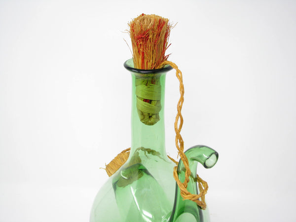 edgebrookhouse - Vintage Italian Green Blown Glass Wine Decanter with Straw Stoppers