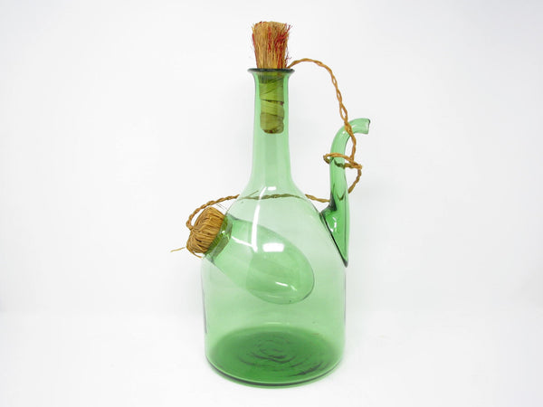 edgebrookhouse - Vintage Italian Green Blown Glass Wine Decanter with Straw Stoppers