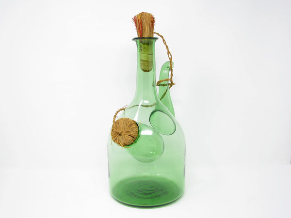 edgebrookhouse - Vintage Italian Green Blown Glass Wine Decanter with Straw Stoppers