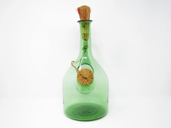 edgebrookhouse - Vintage Italian Green Blown Glass Wine Decanter with Straw Stoppers