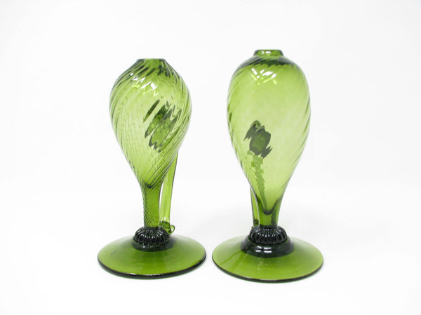 edgebrookhouse - Vintage Italian Hand-Blown Green Glass Footed Bud Vases - a Pair