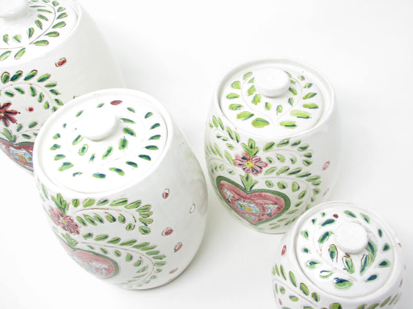 edgebrookhouse - Vintage Italian Pottery Canister Set with Hand-Painted Folk Art Pattern - 4 Pieces