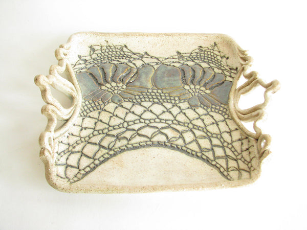 edgebrookhouse - Vintage Jana Kozon Studio Art Pottery Tray with Intricate Handles and Floral Design