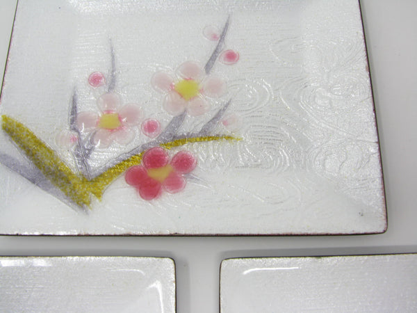 edgebrookhouse - Vintage Japanese Enamel Rectangular Dishes with Floral Pattern - 5 Pieces