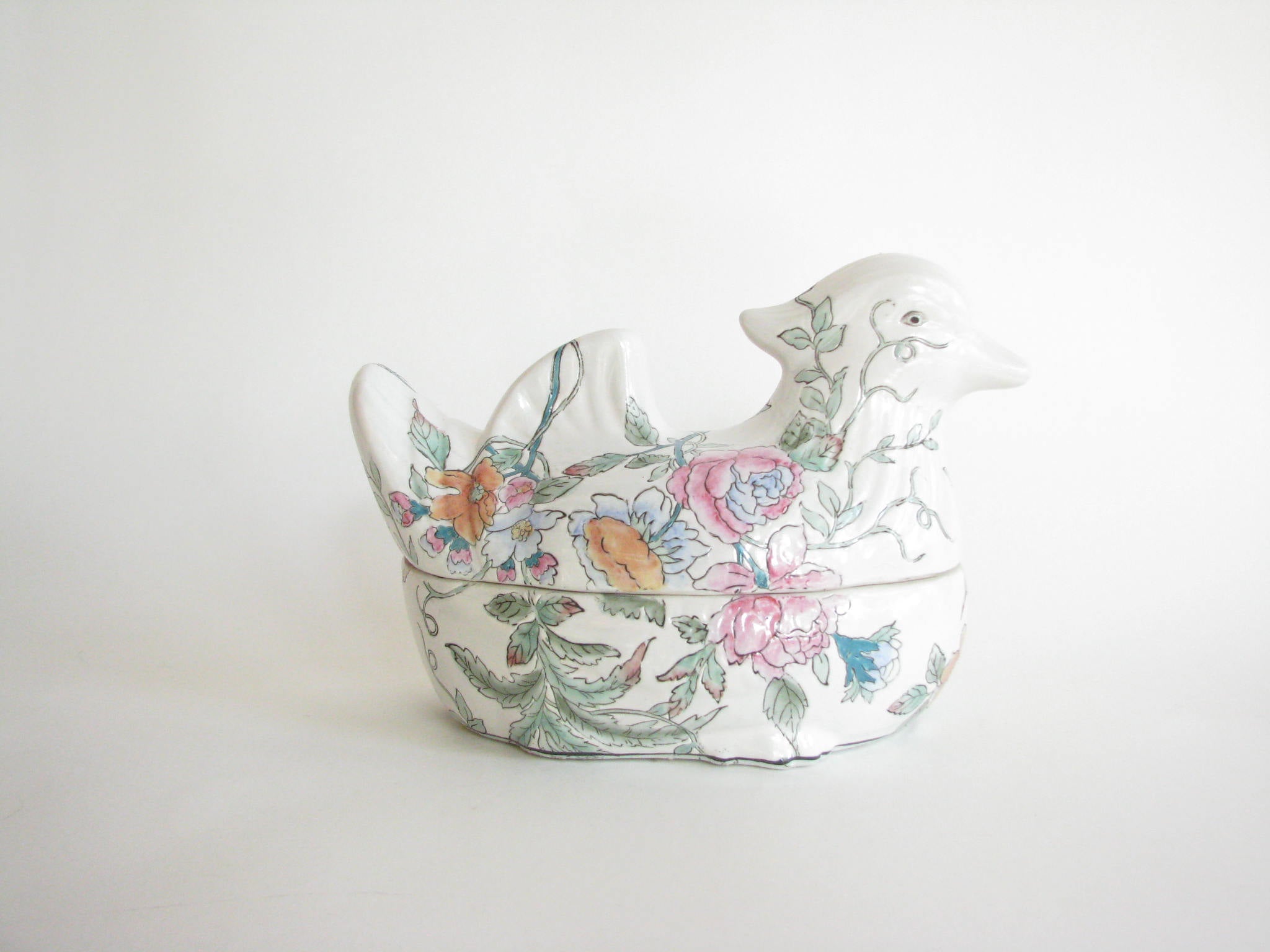 edgebrookhouse - Vintage Japanese Mallard Duck Porcelain Lidded Serving Dish or Tureen with Floral Design