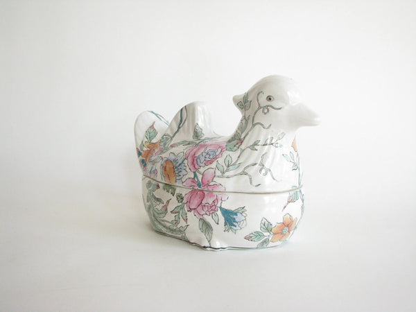 edgebrookhouse - Vintage Japanese Mallard Duck Porcelain Lidded Serving Dish or Tureen with Floral Design