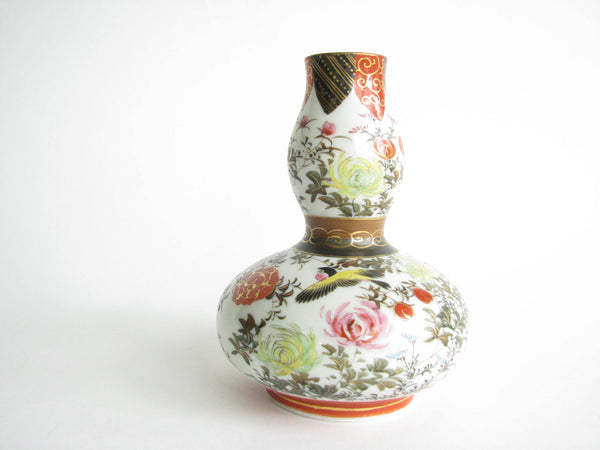 edgebrookhouse - Vintage Japanese Matsumura Kutani Double Gourd Porcelain Vase with Birds and Floral Motif