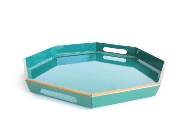 edgebrookhouse - Vintage Japanese Octagon Shaped Green Lacquered Wood Serving Tray
