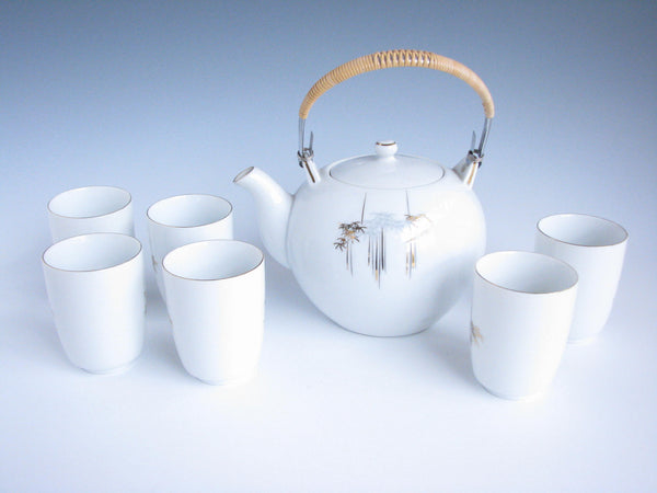 edgebrookhouse - Vintage Japanese White Porcelain Tea Set with Abstract Bamboo Design - 7 Pieces