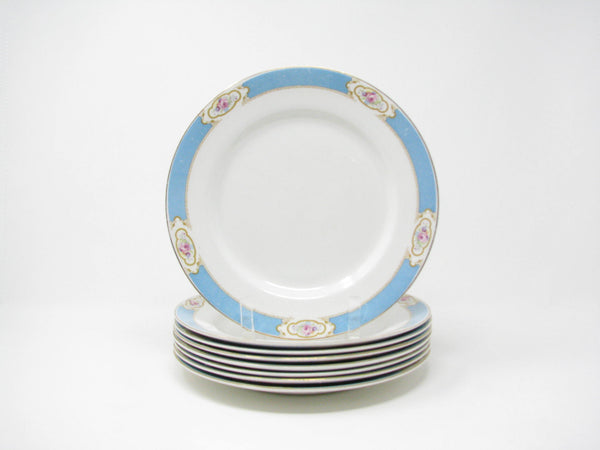 edgebrookhouse - Vintage Johnson Brothers Earthenware Dinner or Luncheon Plates with Aqua Blue Band and Rose Design - 8 Pieces