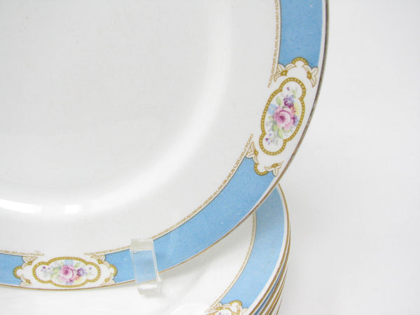 edgebrookhouse - Vintage Johnson Brothers Earthenware Dinner or Luncheon Plates with Aqua Blue Band and Rose Design - 8 Pieces