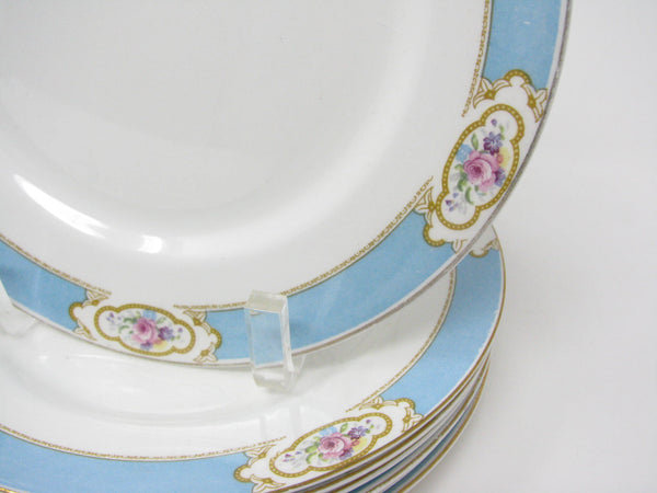 edgebrookhouse - Vintage Johnson Brothers Earthenware Salad Plates with Aqua Blue Band and Rose Design - 7 Pieces