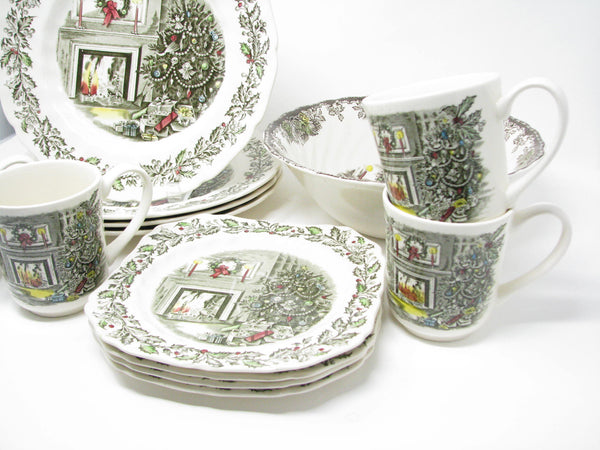 edgebrookhouse - Vintage Johnson Brothers Merry Christmas Tree Holiday Dinnerware Set - 13 Pieces