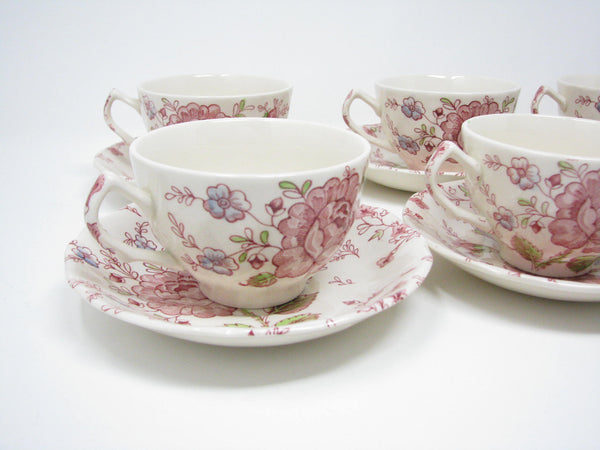 edgebrookhouse - Vintage Johnson Brothers Rose Chintz Pink Cups & Saucers - 6 Sets