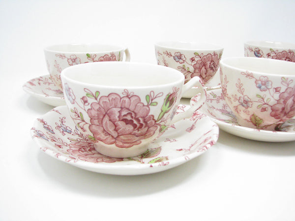edgebrookhouse - Vintage Johnson Brothers Rose Chintz Pink Cups & Saucers - 6 Sets