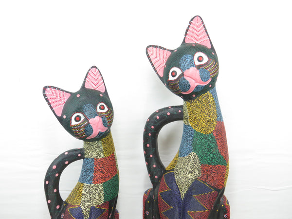 edgebrookhouse - Vintage Large Balinese Hand Carved and Hand Painted Wooden Cat Sculptures - Set of 2