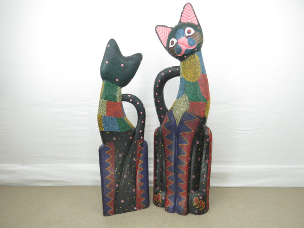 edgebrookhouse - Vintage Large Balinese Hand Carved and Hand Painted Wooden Cat Sculptures - Set of 2