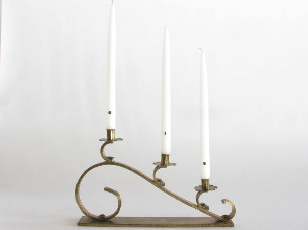 edgebrookhouse - Vintage Large Hand Forged Solid Brass Scroll Candelabra Candle Holder with Brass Bobeches and Rosettes