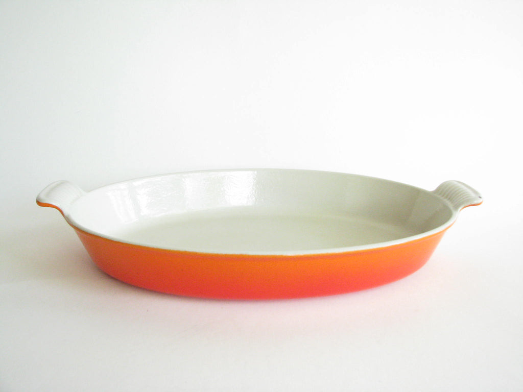 Vintage Le Creuset France Orange White Enameled Cast Iron Oval