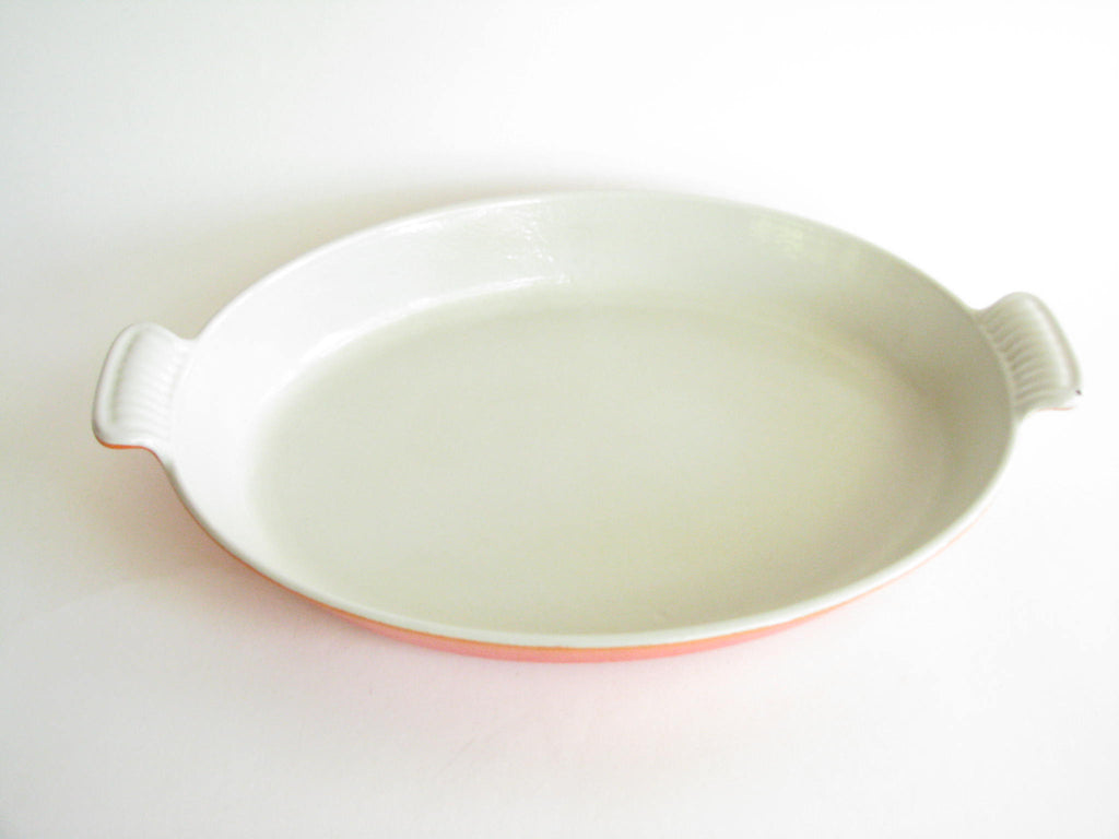 Vintage Le Creuset France Orange White Enameled Cast Iron Oval