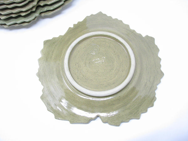 edgebrookhouse - Vintage Leaf Shaped French Faience Pottery Plates in Green - Set of 12