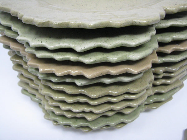 edgebrookhouse - Vintage Leaf Shaped French Faience Pottery Plates in Green - Set of 12