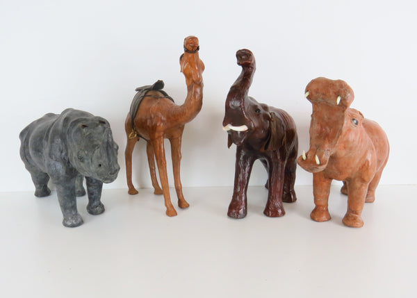 edgebrookhouse - Vintage Leather Wrapped Animal Collection with Hippo, Elephant, Camel and Rhino - 4 Pieces