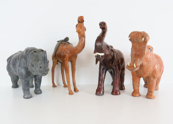 edgebrookhouse - Vintage Leather Wrapped Animal Collection with Hippo, Elephant, Camel and Rhino - 4 Pieces