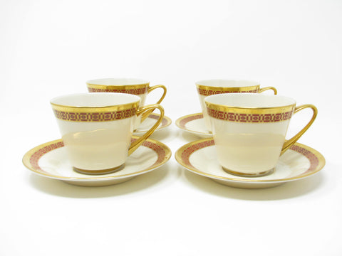 edgebrookhouse - Vintage Lenox Dimensions Ivory Fine Bone China Cups & Saucers with Dark Pink and Gold Pattern - 8 Pieces