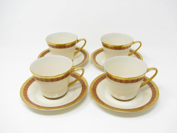 edgebrookhouse - Vintage Lenox Dimensions Ivory Fine Bone China Cups & Saucers with Dark Pink and Gold Pattern - 8 Pieces