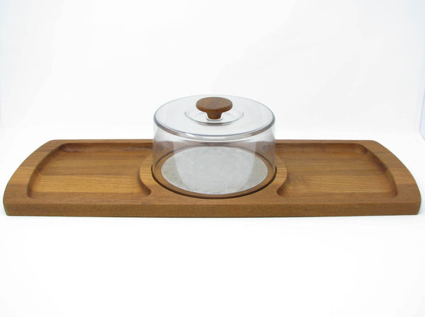 edgebrookhouse - Vintage Luthje Denmark Teak Cheese Board with Acrylic Dome and Stainless Steel Disc