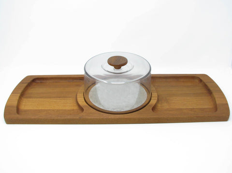 edgebrookhouse - Vintage Luthje Denmark Teak Cheese Board with Acrylic Dome and Stainless Steel Disc