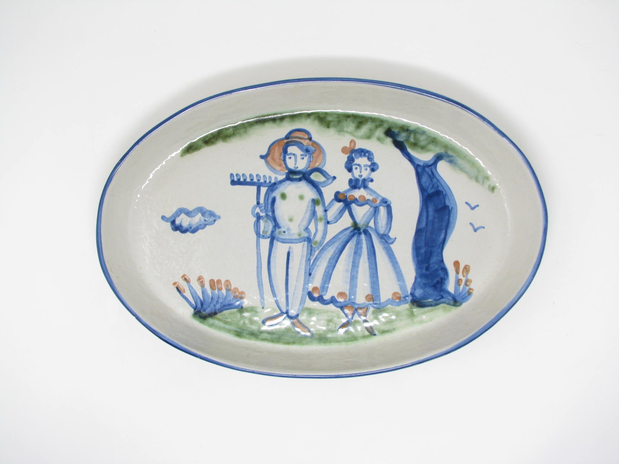 edgebrookhouse - Vintage MA Hadley Pottery Country Oval Baking Dish or Platter with Farmer and Wife