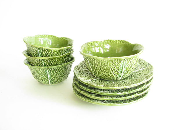 edgebrookhouse - Vintage Majolica Green Cabbage Leaf Bowls and Underplates - 8 Pieces