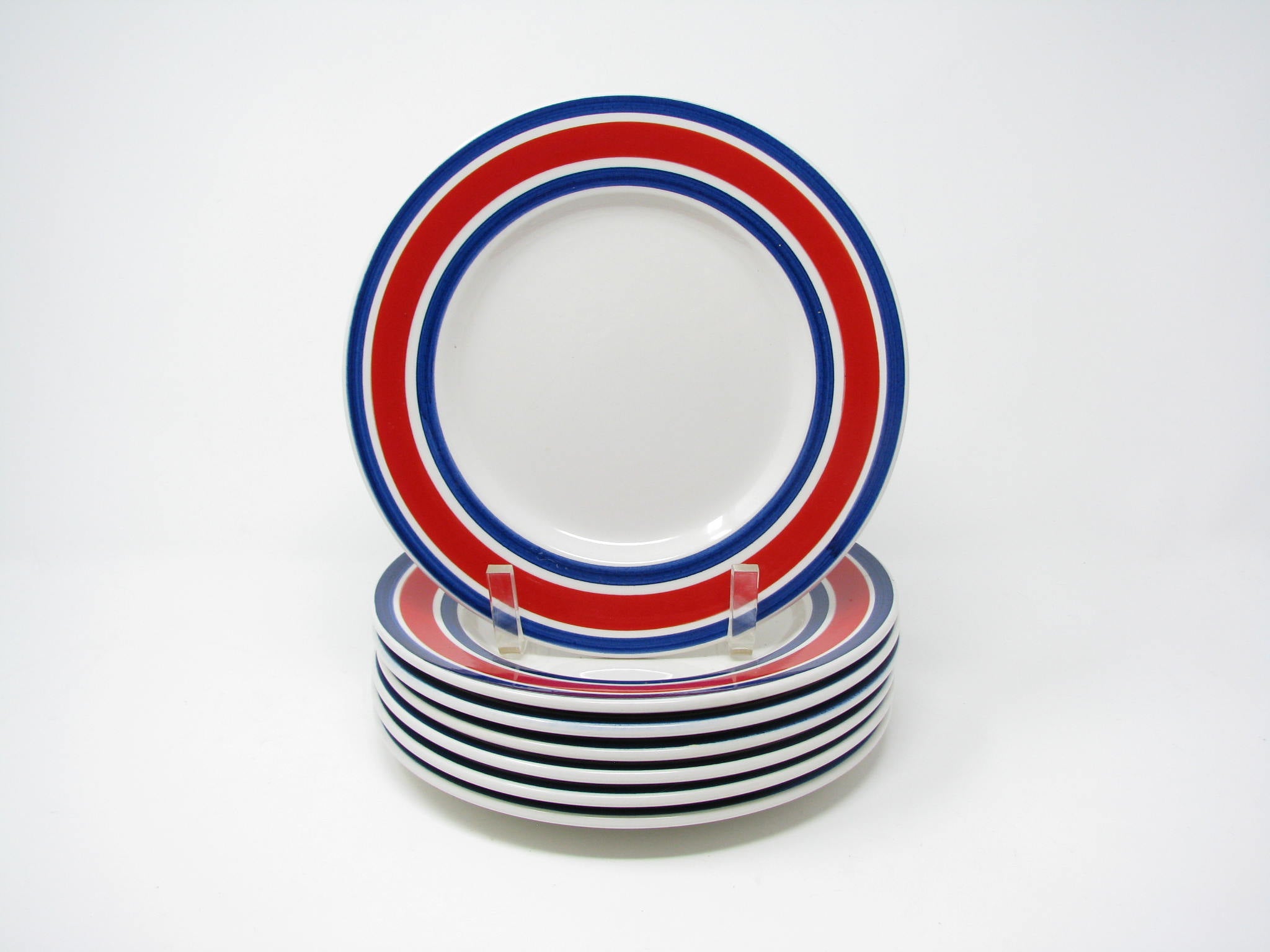edgebrookhouse - Vintage Mancioli Italian Ceramic Salad Plates with Red & Blue Bands - 7 Pieces