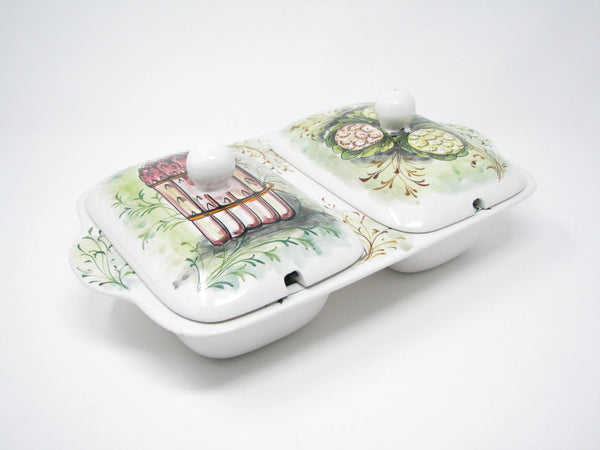 edgebrookhouse - Vintage Mancioli Italian Pottery Lidded and Divided Serving Dish with Hand-Painted Vegetable Design