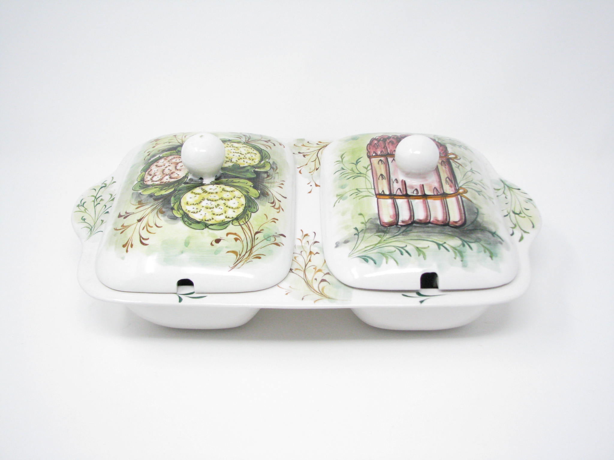 edgebrookhouse - Vintage Mancioli Italian Pottery Lidded and Divided Serving Dish with Hand-Painted Vegetable Design