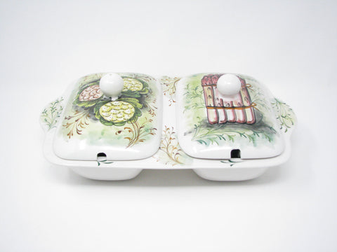 edgebrookhouse - Vintage Mancioli Italian Pottery Lidded and Divided Serving Dish with Hand-Painted Vegetable Design