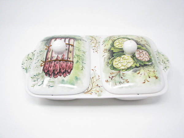 edgebrookhouse - Vintage Mancioli Italian Pottery Lidded and Divided Serving Dish with Hand-Painted Vegetable Design