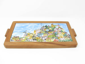 edgebrookhouse - Vintage Mariana Wieland Hand-Painted Tile and Wood Tray Featuring Coastal Village