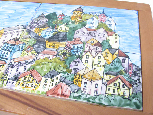edgebrookhouse - Vintage Mariana Wieland Hand-Painted Tile and Wood Tray Featuring Coastal Village