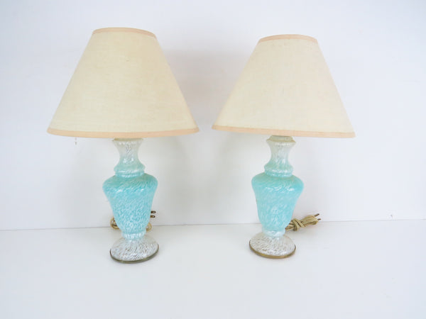 edgebrookhouse - Vintage Mid Century Blue Glass Bedside Lamps With Shades Attributed to Murano - a Pair