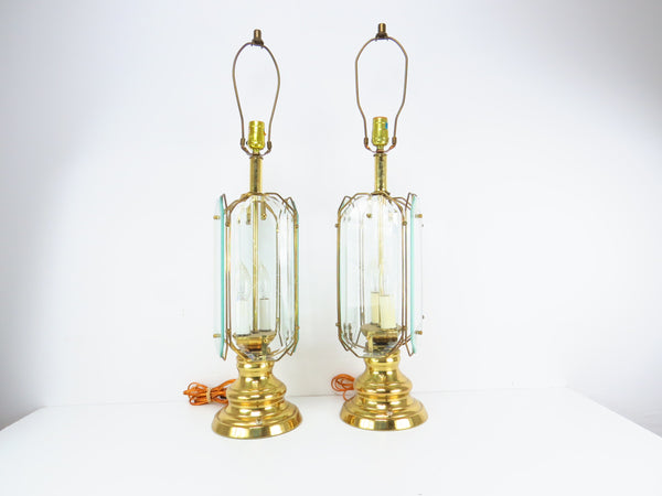 edgebrookhouse - Vintage Mid Century Brass and Beveled Etched Glass Table Lamps - a Pair