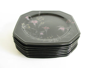 edgebrookhouse - Vintage Mikasa Ebony Meadow Black Octagon Dinner Plates with Pink Floral Design - Set of 8