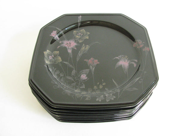 edgebrookhouse - Vintage Mikasa Ebony Meadow Black Octagon Dinner Plates with Pink Floral Design - Set of 8