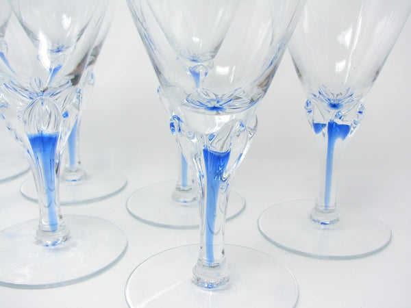 edgebrookhouse - Vintage Mikasa Studio Nova Petal Connection Glass Goblets with Light Blue Stripe in Stem - 7 Pieces