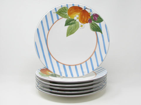 edgebrookhouse - Vintage Mikasa Sunshine Harvest Coupe Dinner Plates with Stripes and Fruit - 6 Pieces