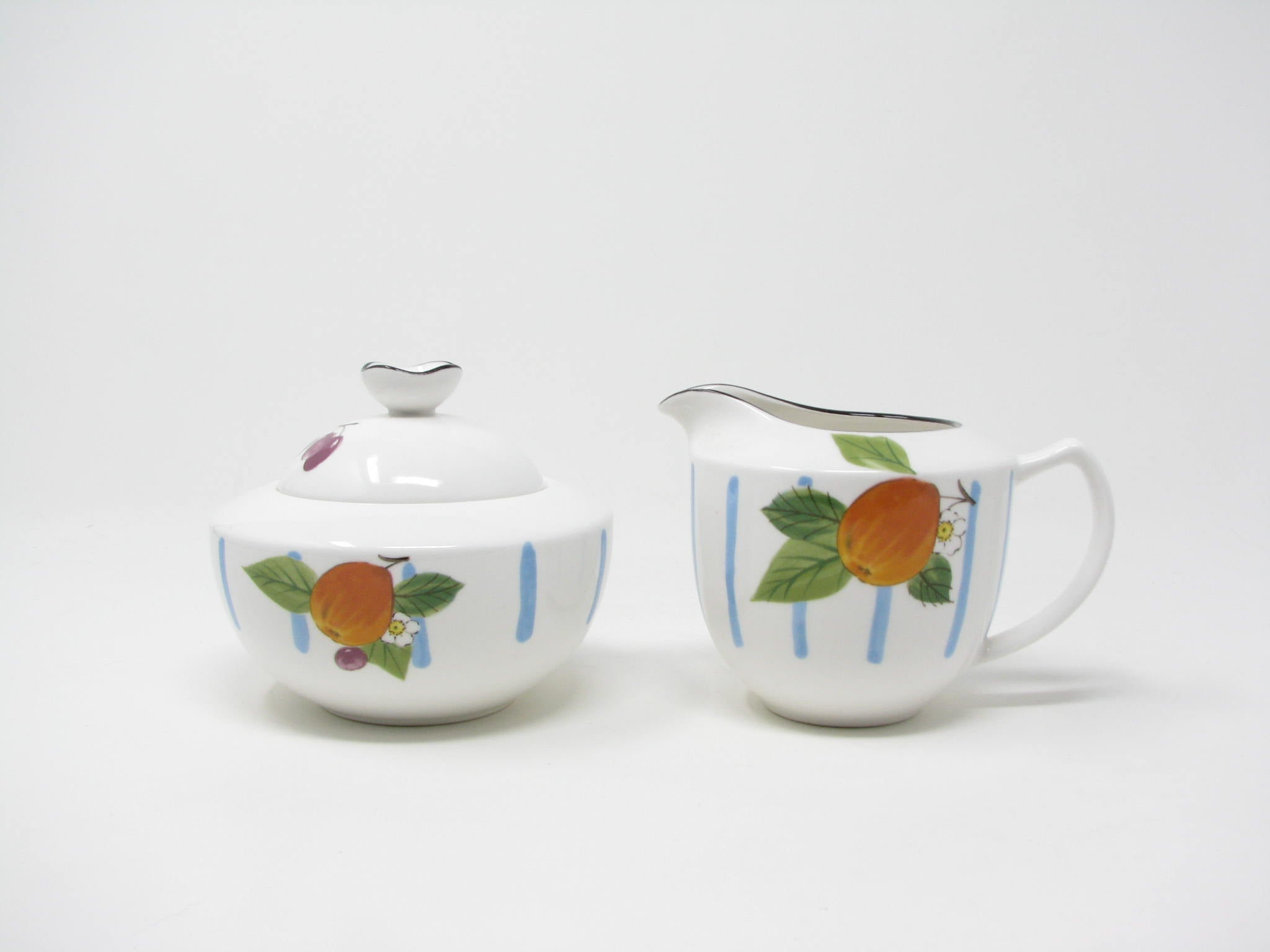 edgebrookhouse - Vintage Mikasa Sunshine Harvest Creamer and Sugar Bowl with Stripes and Fruit - 2 Pieces