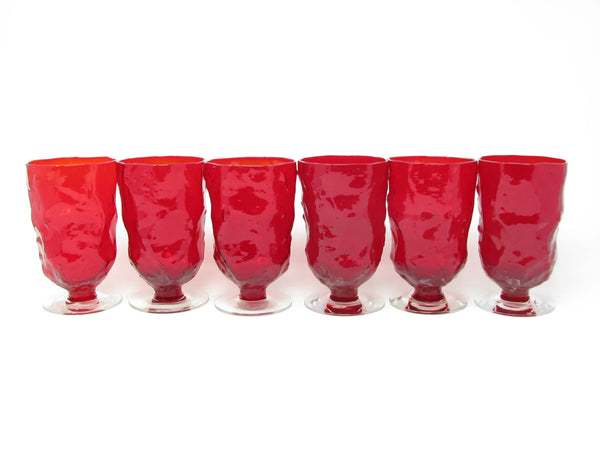 edgebrookhouse - Vintage Morgantown Crinkle Ruby Red Glass Water Goblets Iced Tea Glasses with Pitcher - 7 Pieces
